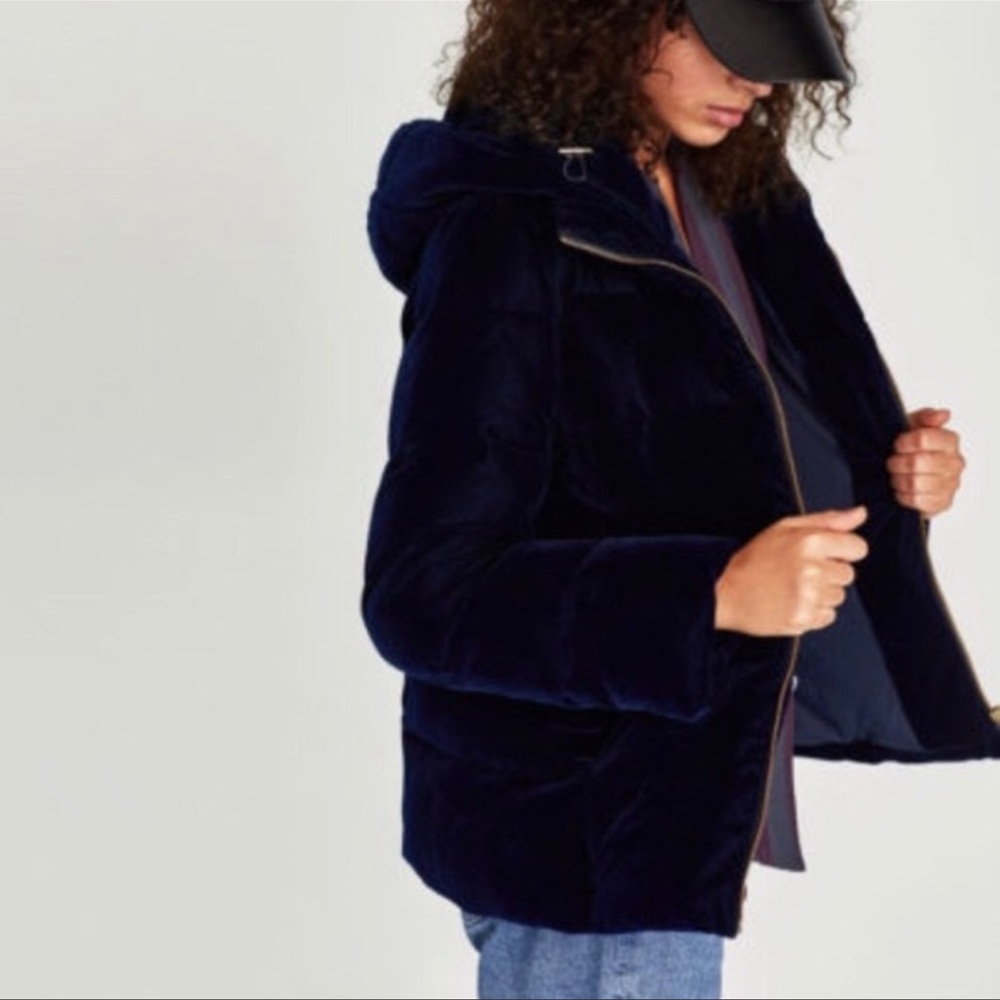 Zara Basic Outerwear Blue Velvet Puffs Down Hoodie Jacket Size S